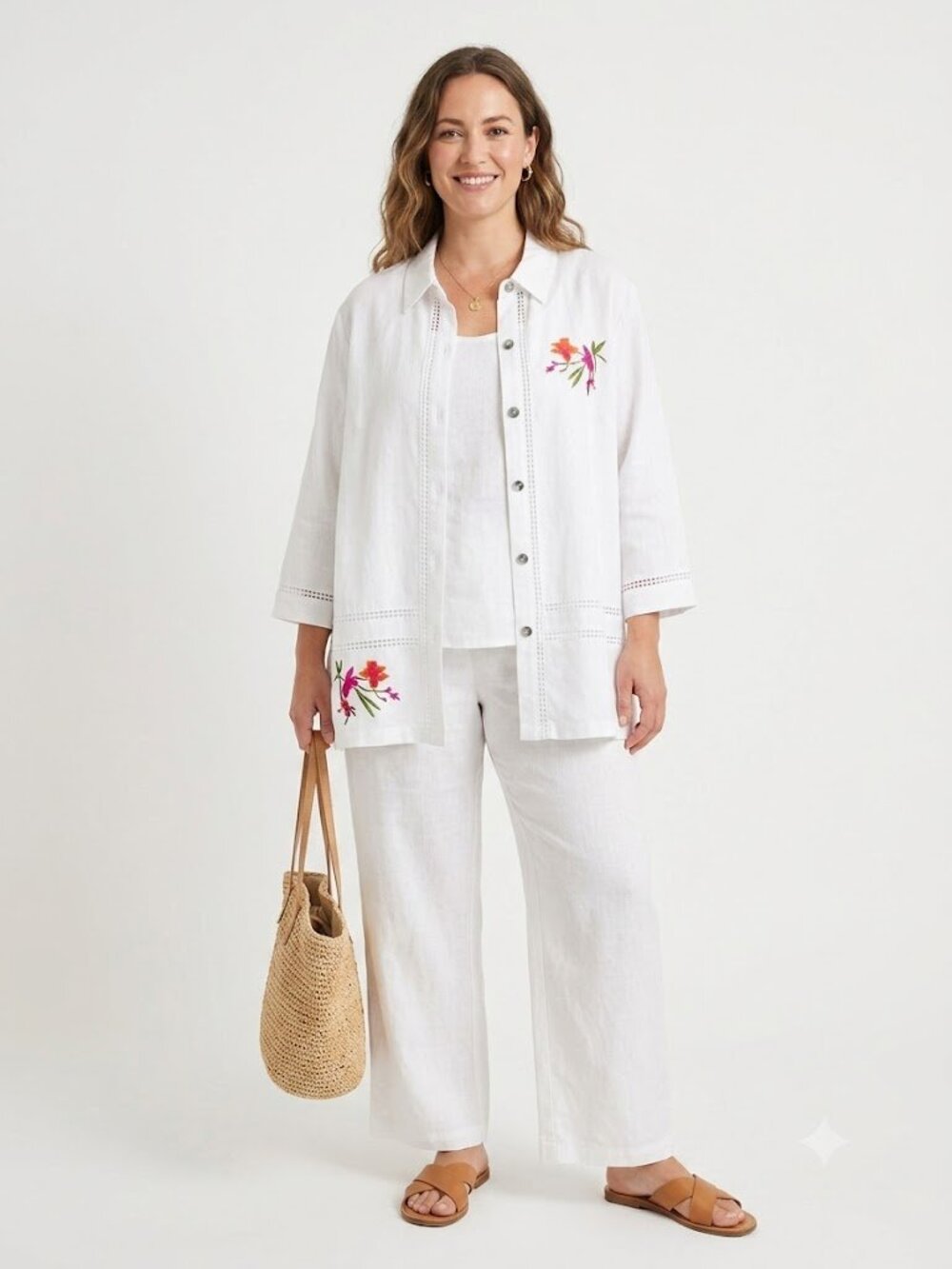 Stonebridge White Linen Blend Embroidered Tunic Shirt Floral Button Front 1X